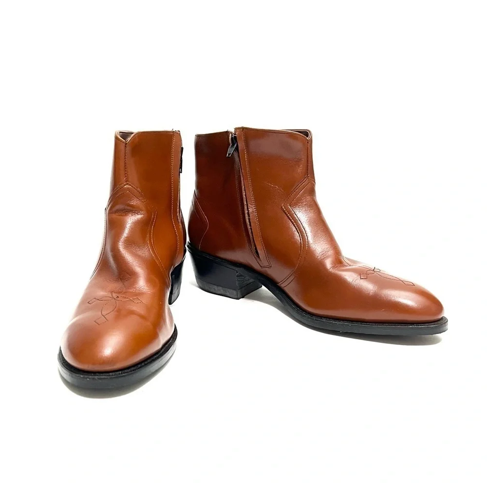 Vintage 1970s men’s brown vegan leather steel toe western style safety boots